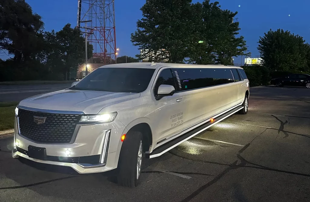 Side view of a white stretch limousine parked at night