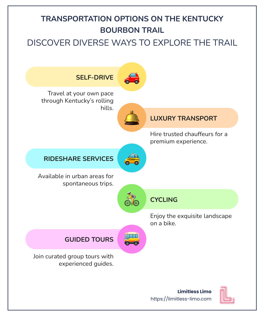 Infographic detailing Kentucky Bourbon Trail transportation options - kentucky bourbon trail transportation infographic infographic-line-5-steps-colors