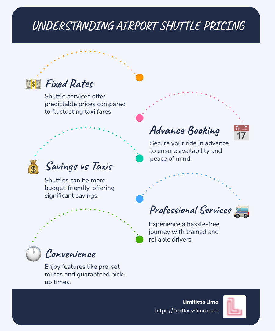 Infographic explaining airport shuttle pricing details, highlighting elements like fixed rates, booking in advance, savings compared to taxis, and professional services - airport shuttle prices infographic infographic-line-5-steps-blues-accent_colors