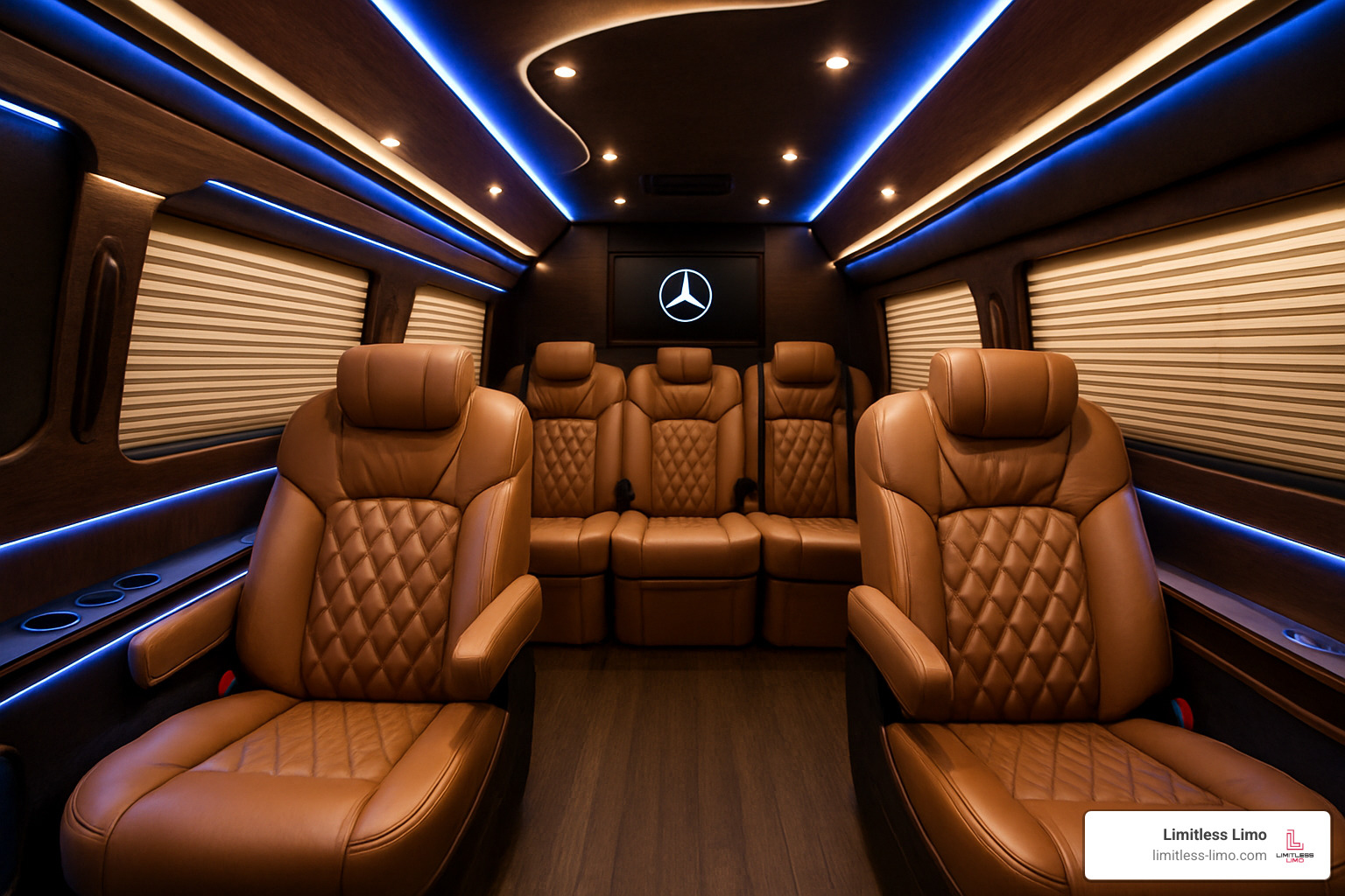 Mercedes Sprinter Limo interior with luxury seating - executive transportation service near me